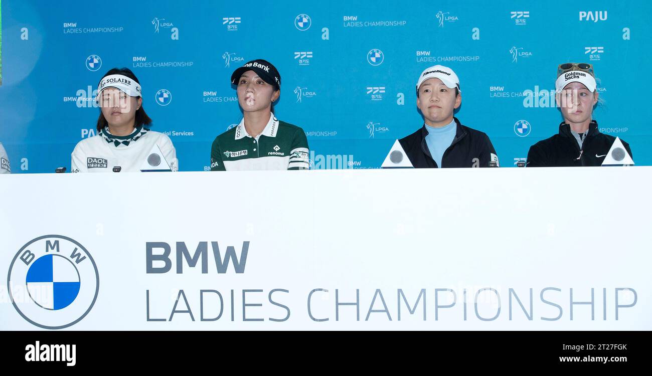 Paju, South Korea. 17th Oct, 2023. (L to R) Ko Jin-Young of South Korea, Lydia Ko of New Zealand, Jiyai Shin of South Korea and Nelle Korda of U.S.A., ress conference for the media of the LPGA BMW Ladies Championship 2023 at Seowon Valley C.C in Paju, North of Seoul, South Korea on October 17, 2023. (Photo by: Lee Young-ho/Sipa USA) Credit: Sipa USA/Alamy Live News Stock Photo