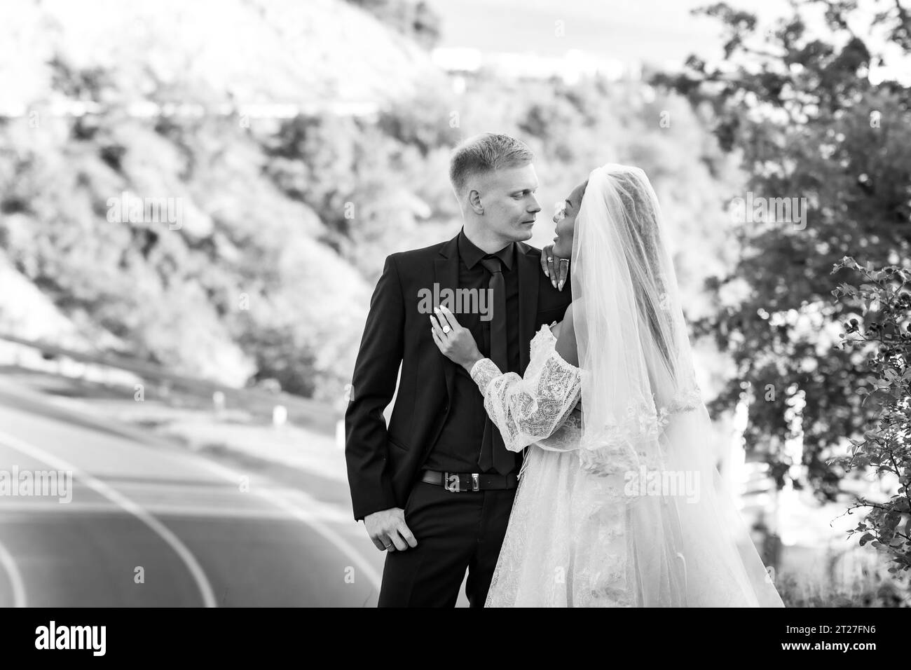 Happy newlyweds kiss against the backdrop of a beautiful mountain ...