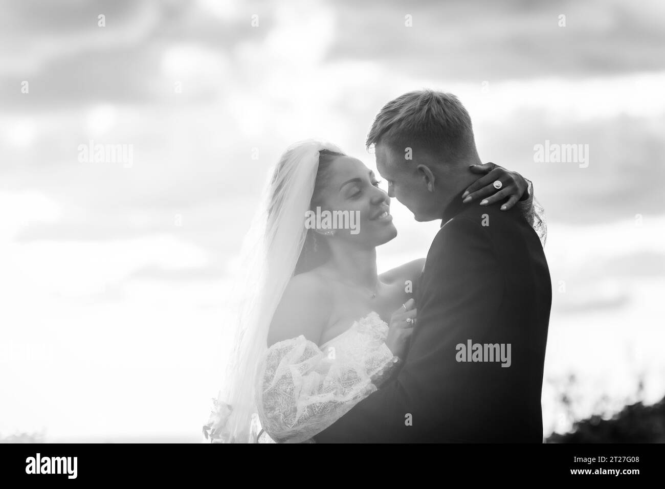 Happy newlyweds hugging against the sky in the rays of the setting sun, black and white version Stock Photo