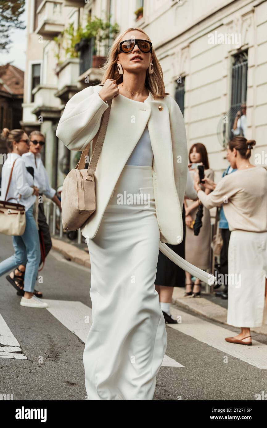 Viktoria Rader Wears White Jacket Dress Beige Bag White Heels 