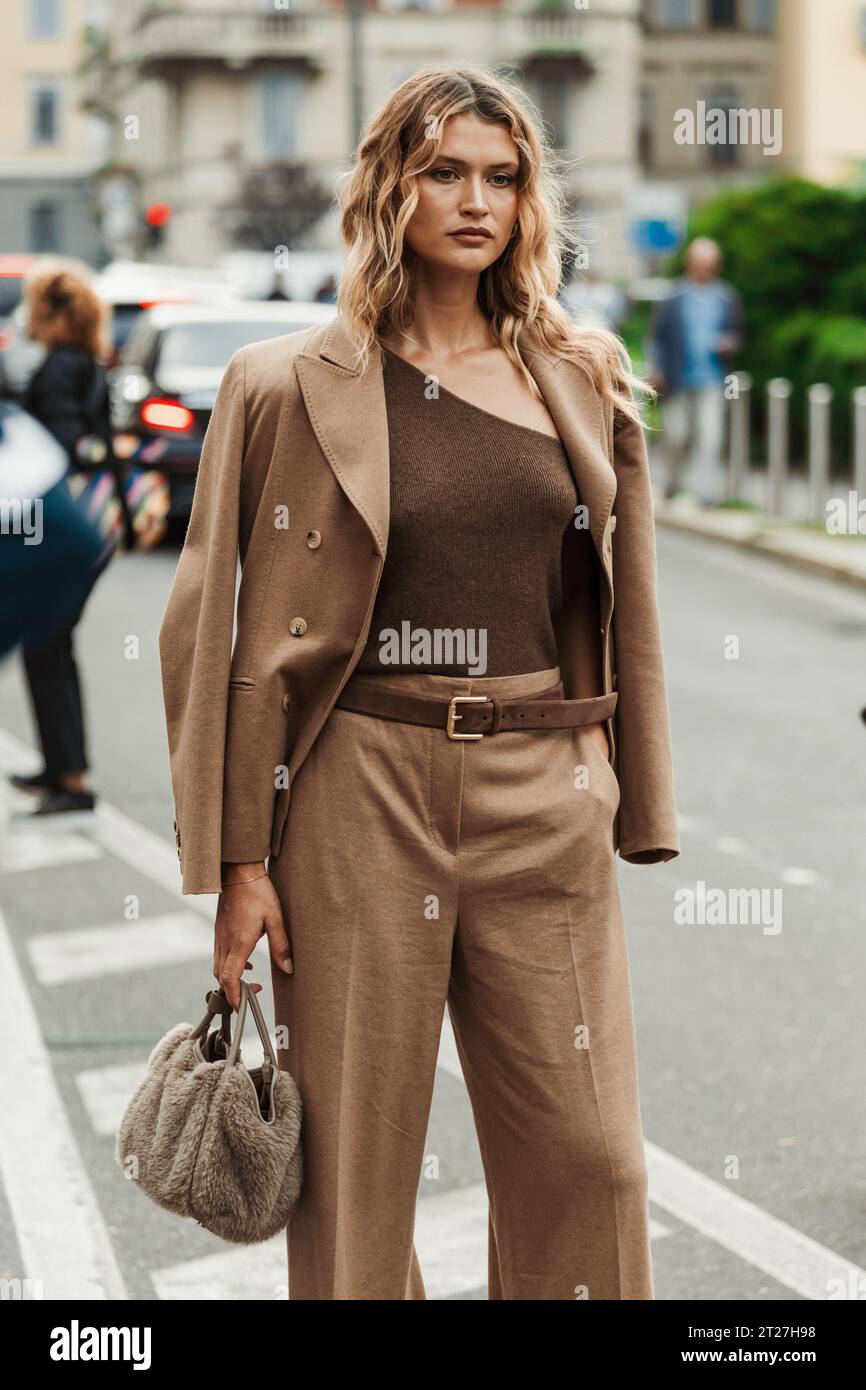 Chloe Lecareux wears all Max Mara outside MAX MARA show during Milan