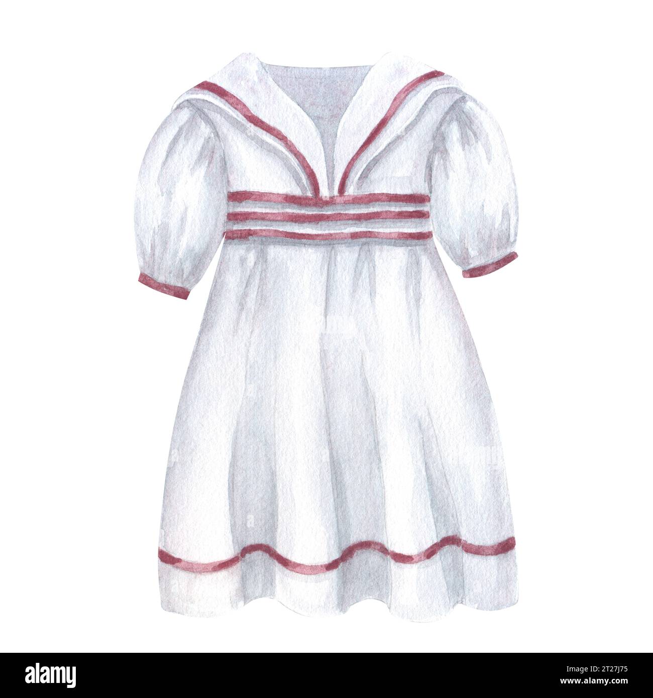 Kids white sailor costume, antique clothing for a little girl. Marine dress. Hand drawn watercolor illustration isolated on white background. For Stock Photo