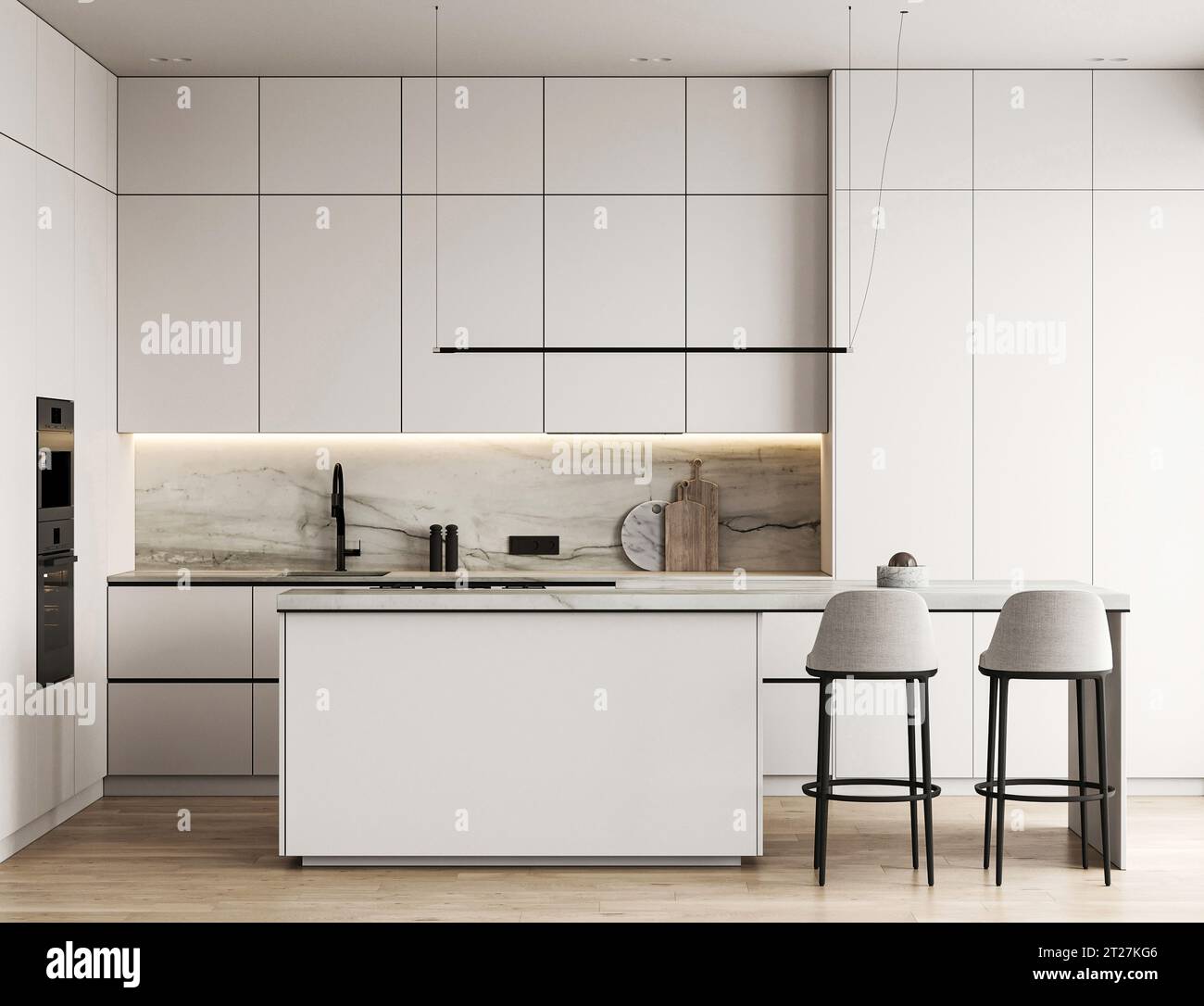 Modern nature style white kitchen interior design with island and ...