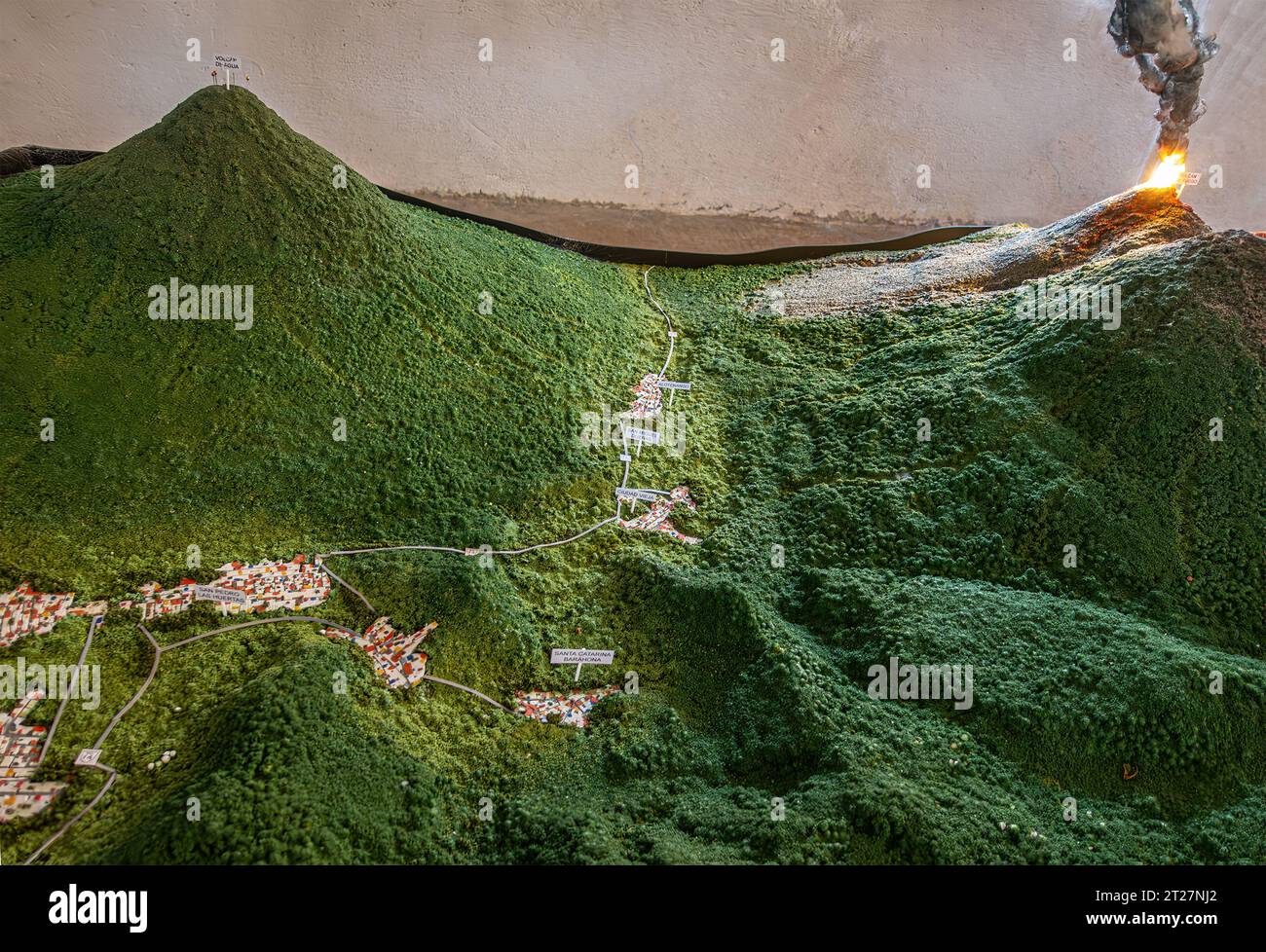 Guatemala, La Antigua - July 20, 2023: Finca La Azotea museums. 3-dimentional green maquette with flaming volcano, valley around town and villages Stock Photo