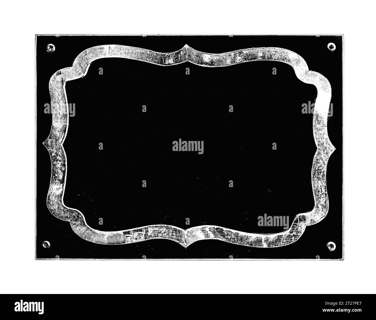 empty screwed framed metallic plate plaque, black on white Stock Photo