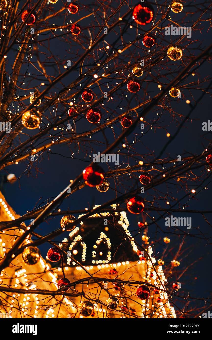 Dried tree branches decorated with red and gold shiny Christmas balls. New Year outdoor decorations against a blue evening sky and glowing building. V Stock Photo