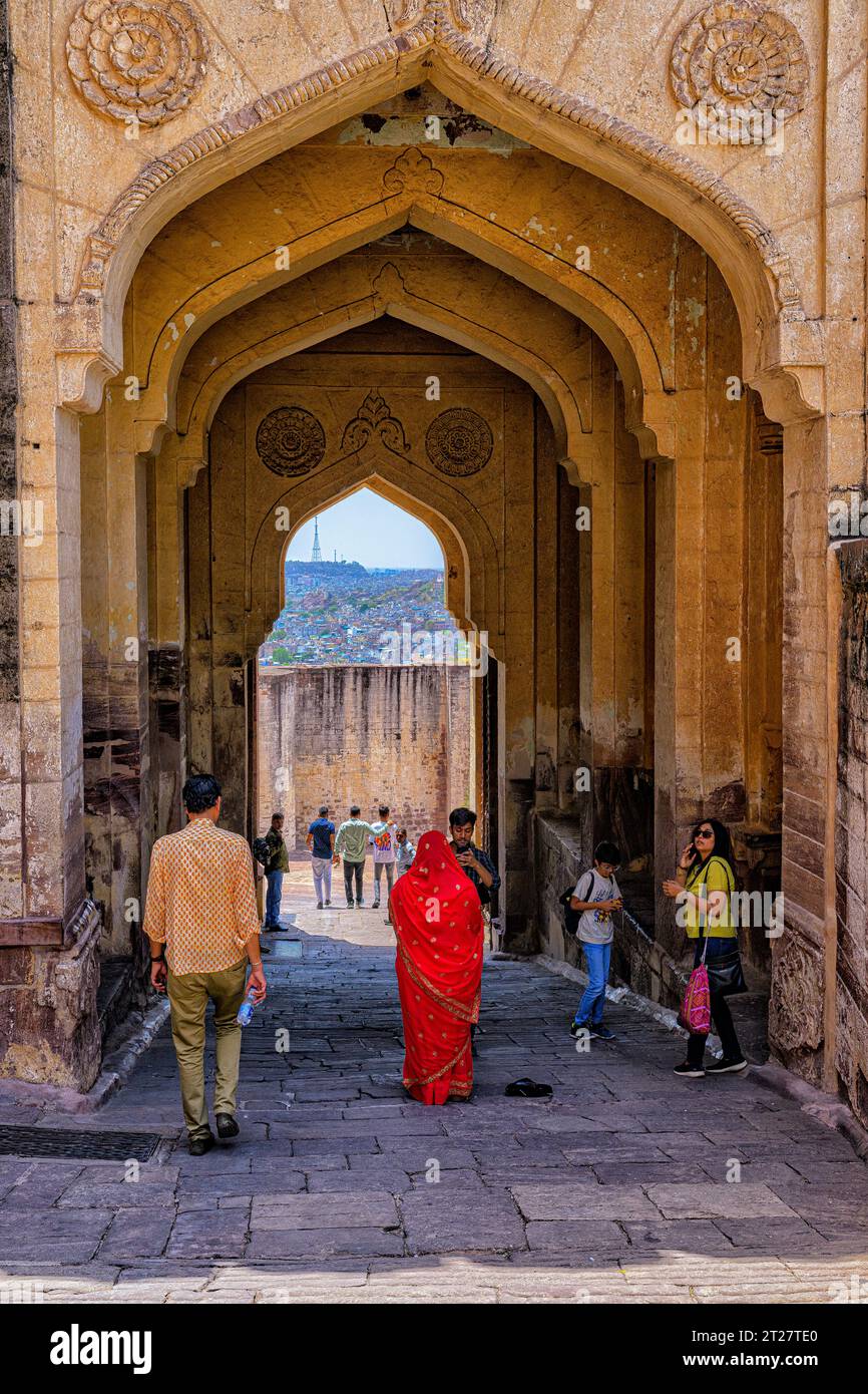 Mehran Gate Tourists exiting the Mehrangarh fort through the Arches of the Fateh ...