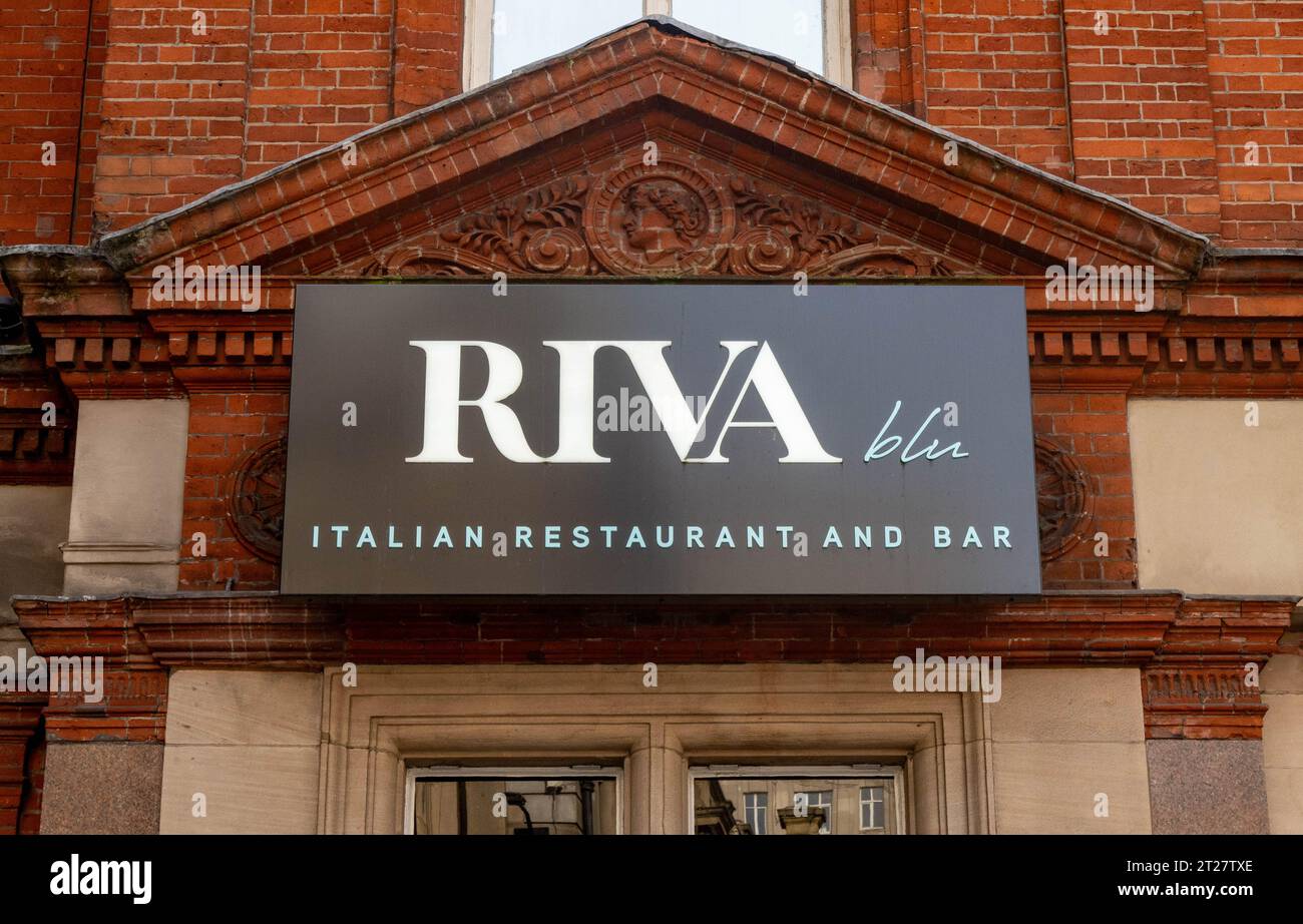 Riva blu sign, an Itallian restaurant on Castle Street in Liverpool Stock Photo