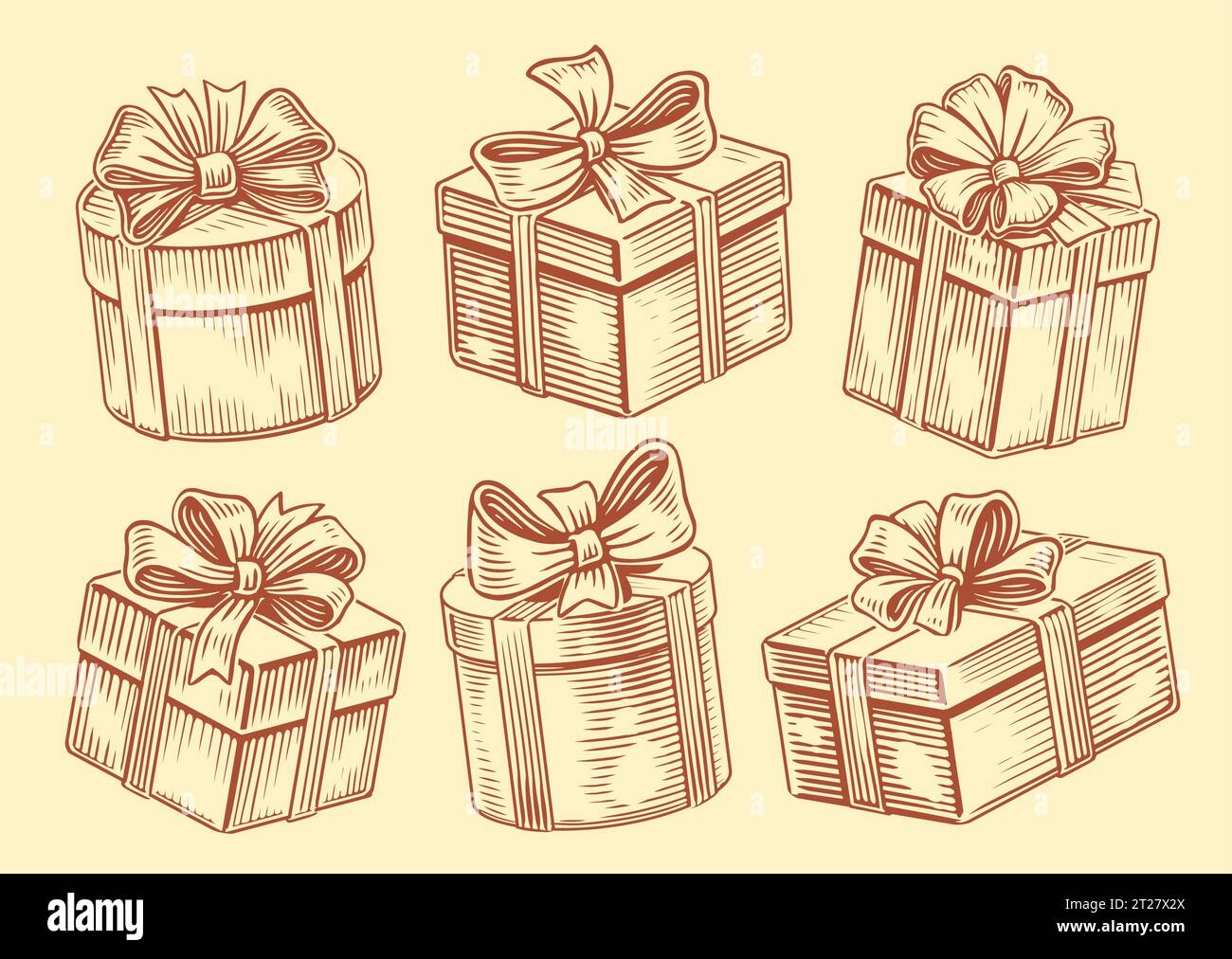 Set of Christmas gifts. Holiday gift box with ribbon bow. Vintage sketch vector illustration Stock Vector