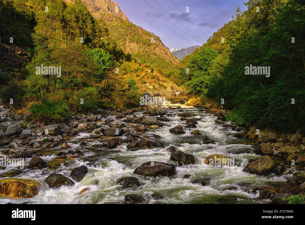 Tirthan River, is one of the rarest of rivers in India, because it is protected by the Himachal legislature and a court ruling as a free-flowing river Stock Photo