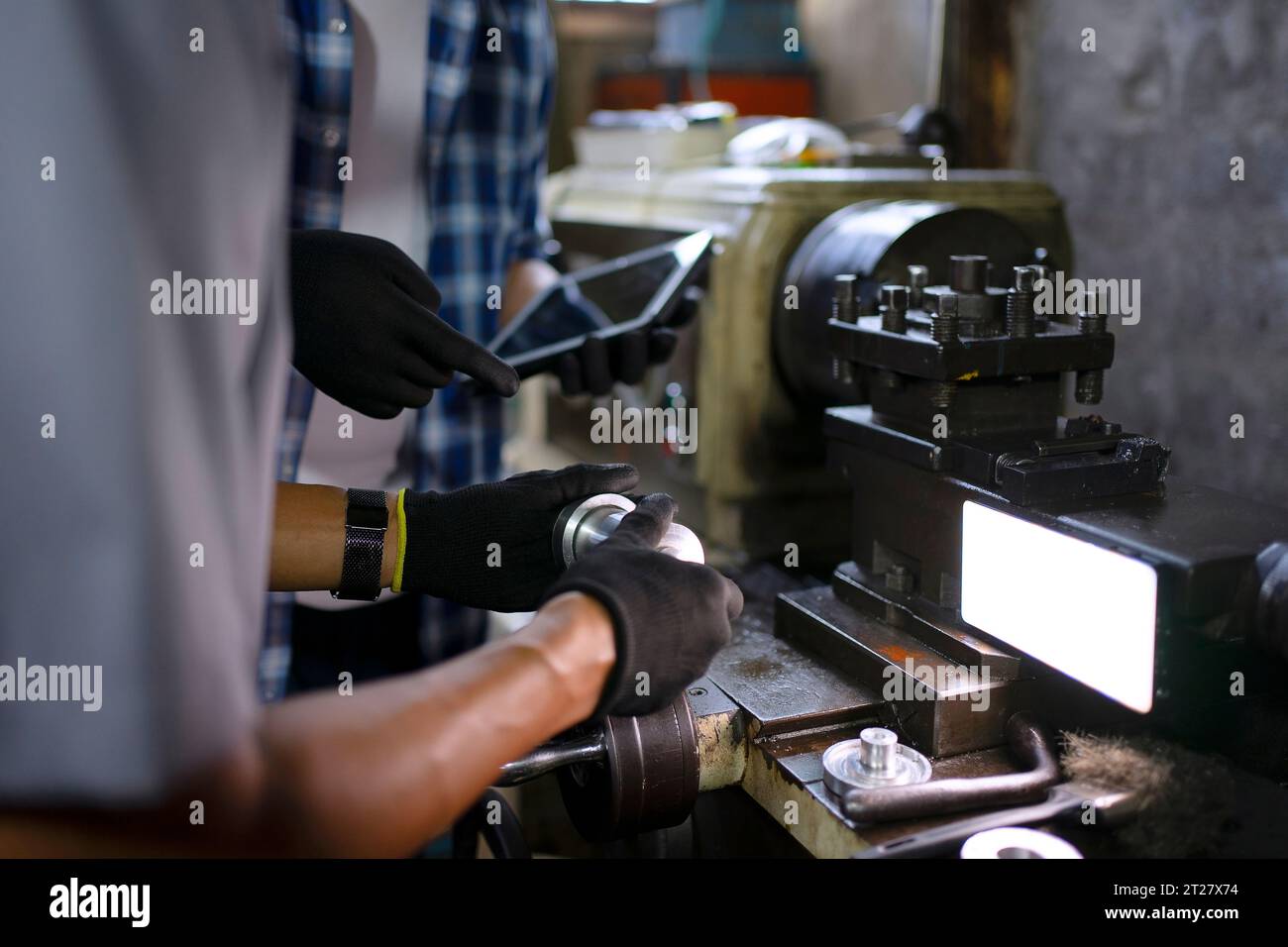 Student is going to visit metal factory. Education and engineering concept. Stock Photo