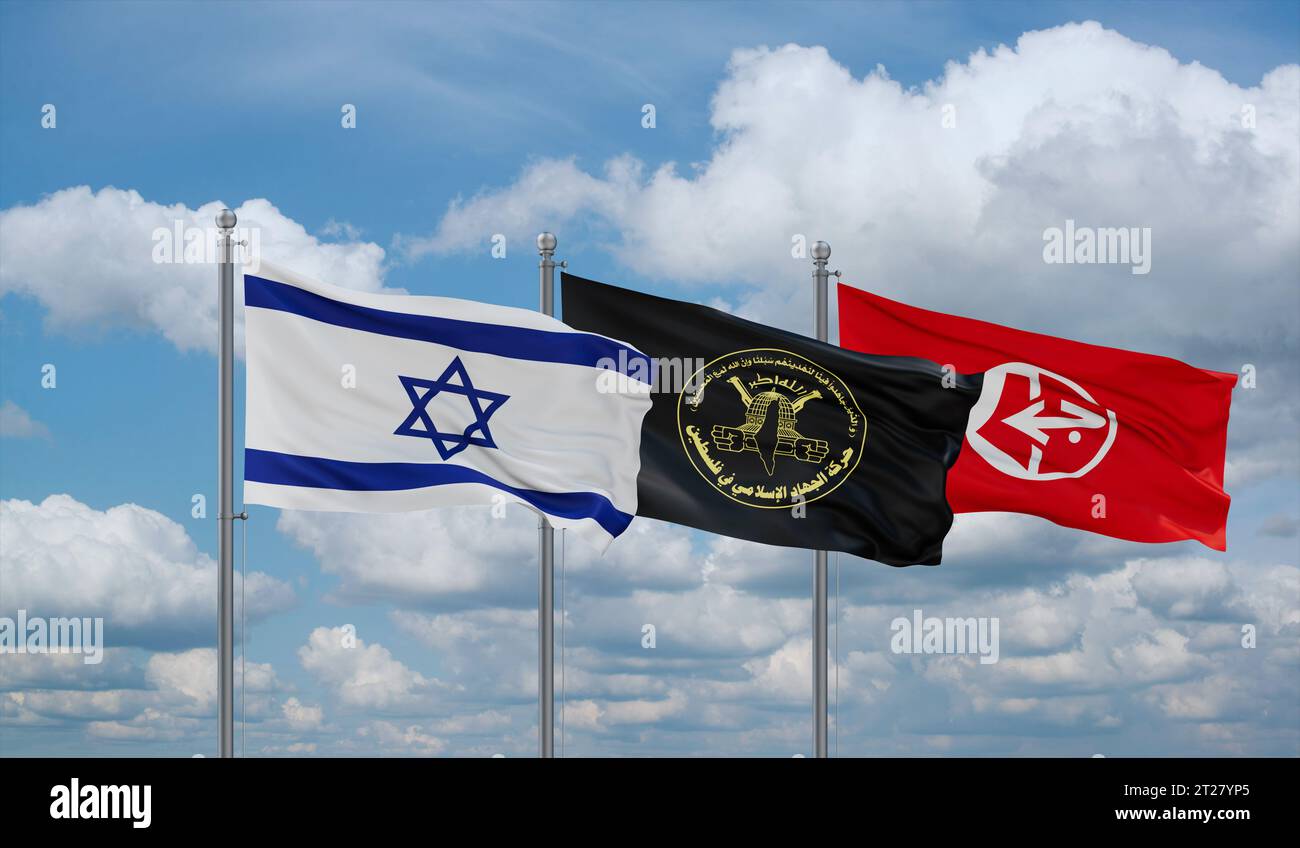 Israel, PIJ and PFLP organization flags waving together in the wind Stock Photo