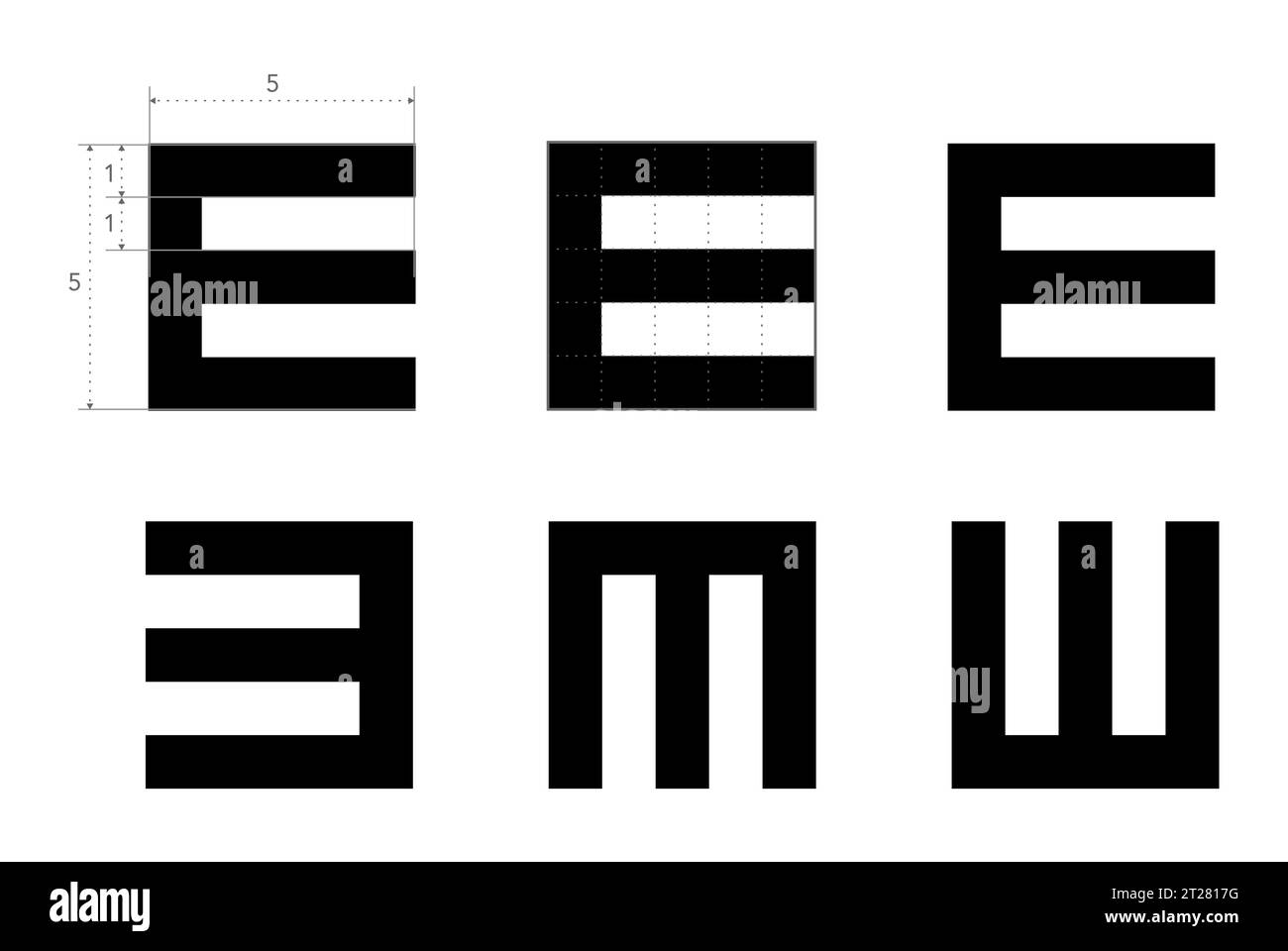 E chart Eye Test Chart scheme tumbling medical illustration. Line vector sketch style outline isolated on white background. Vision test board optometrist visual examination Checking optical glasses Stock Vector