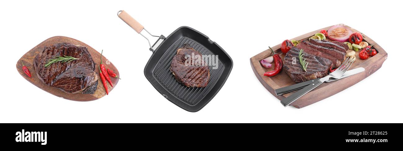 Delicious grilled beef meat isolated on white, collage design Stock ...
