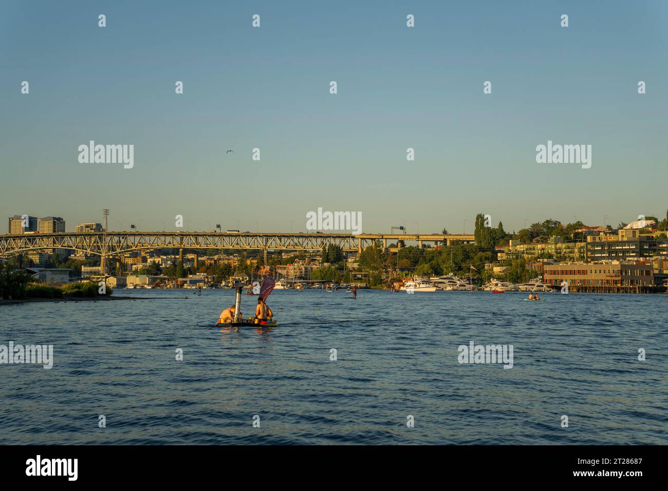People in a hot tub boat on Lake Union, Seattle, Washington State, USA