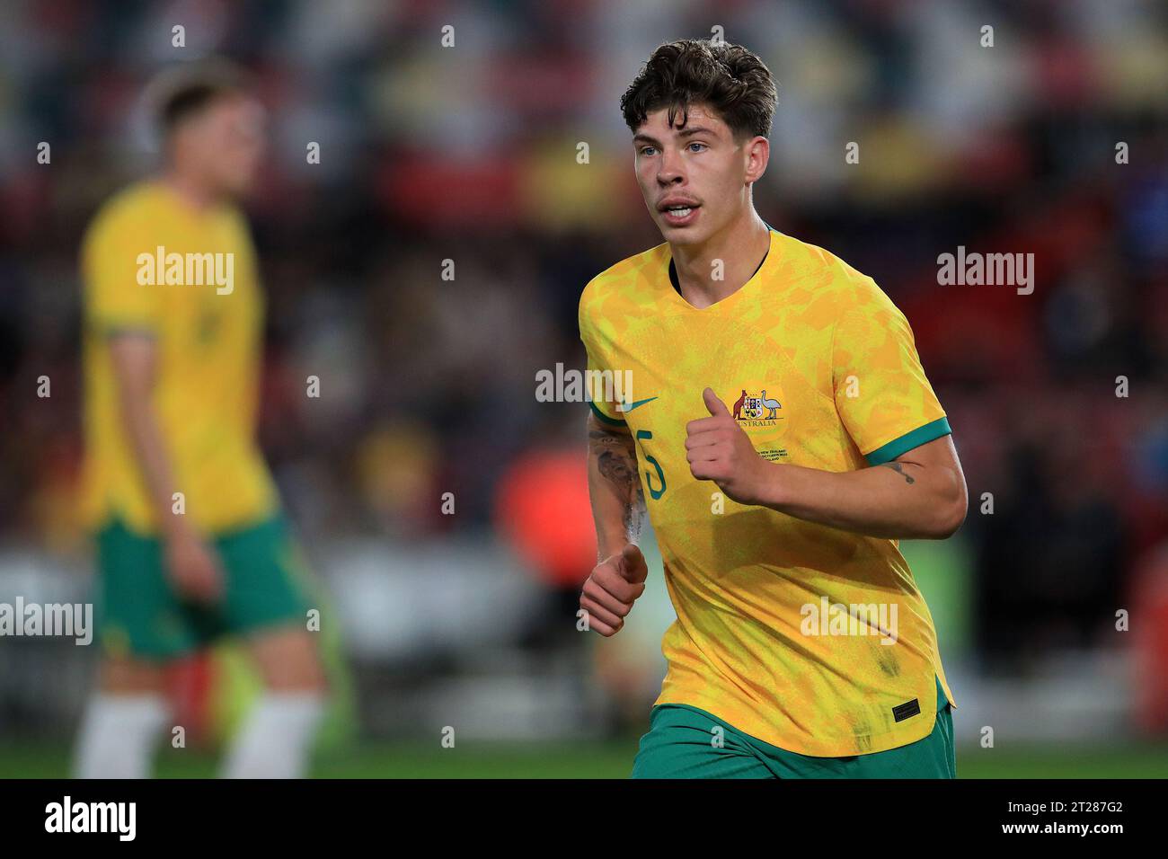 London, UK. 17th Oct, 2023. Jordan Bos of Australia Men's National Football Team seen during the International friendly match between Australia and New Zealand at Gtech Community Stadium, London, England on 17 October 2023. Photo by Carlton Myrie. Editorial use only, license required for commercial use. No use in betting, games or a single club/league/player publications. Credit: UK Sports Pics Ltd/Alamy Live News Stock Photo