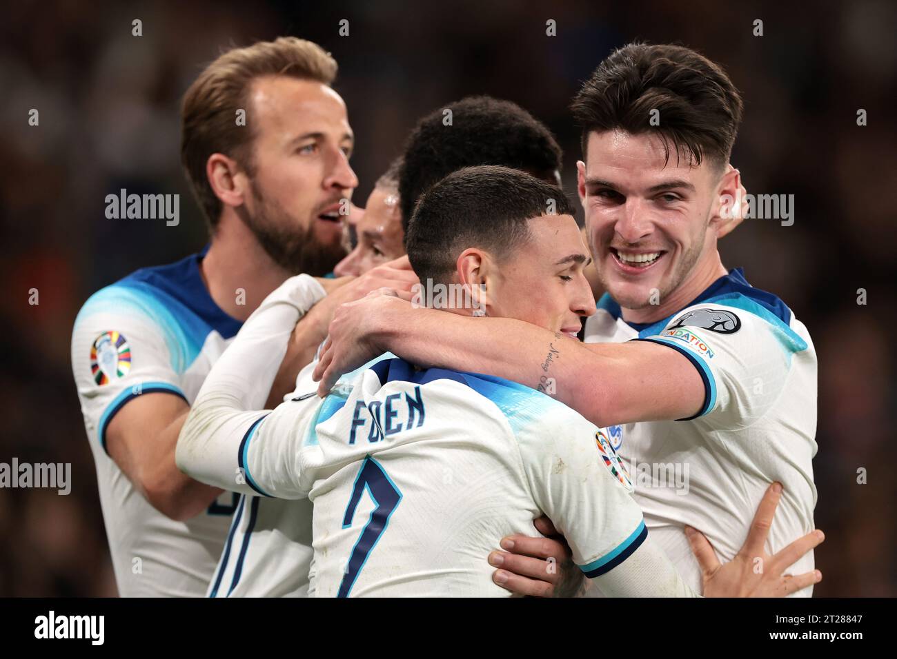 London, UK. 17th Oct, 2023. Team mates congratulate Jude Bellingham of England on his part in Marcus Rashford's goal to give the hosts a 2-1 lead during the UEFA European Championship Qualifying match at Wembley Stadium, London. Picture credit should read: Jonathan Moscrop/Sportimage Credit: Sportimage Ltd/Alamy Live News Stock Photo