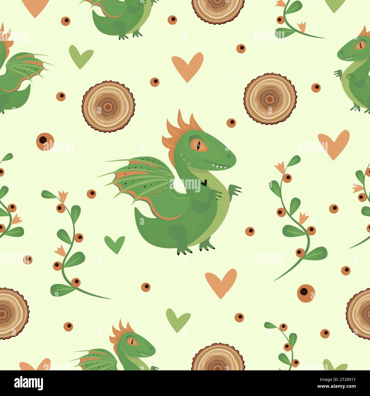 Wood green dragon seamless pattern, color vector background Stock Vector