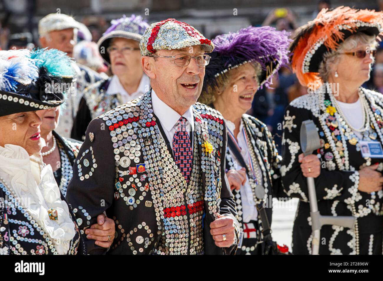 Pearly Kings and Queens at the Pearly Kings and Queens Harvest Festival at Guildhall Yard, London, England. Stock Photo