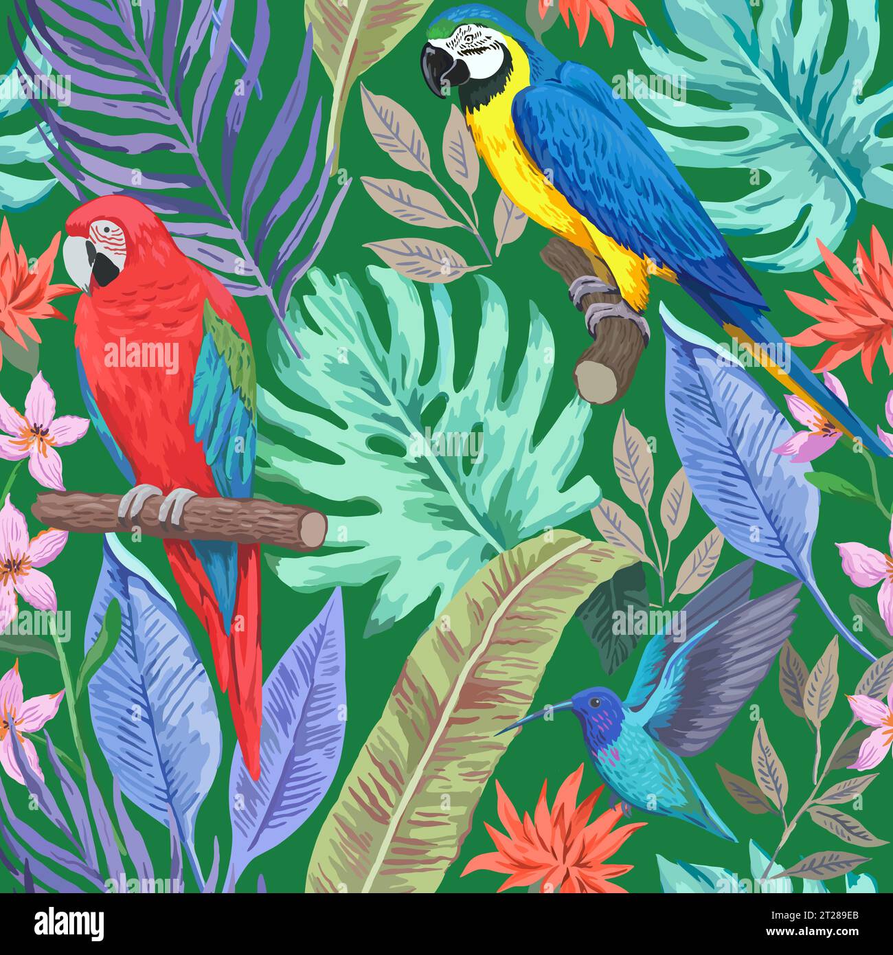 Colorful tropical seamless pattern with exotic birds and flowers. Vector illustration. Stock Vector