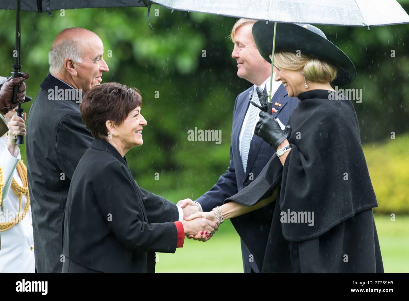 King Willem-Alexander and Queen Maxima of the Netherlands, right, meet with Dame Patsy Reddy, Governor General and her husband Sir David Gascoigne at the official welcome ceremony at Government House, Wellington, New Zealand Stock Photo