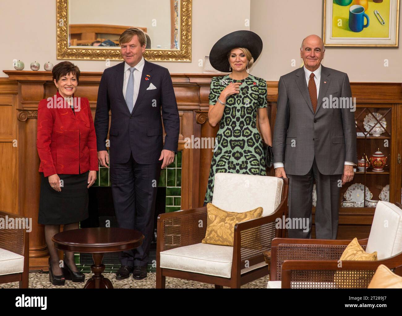 Dame Patsy Reddy, Governor General, left, King Willem-Alexander and Queen Maxima of the Netherlands, with the Governor General's husband, Sir David Gascoigne at the official welcome ceremony at Government House, Wellington, New Zealand Stock Photo