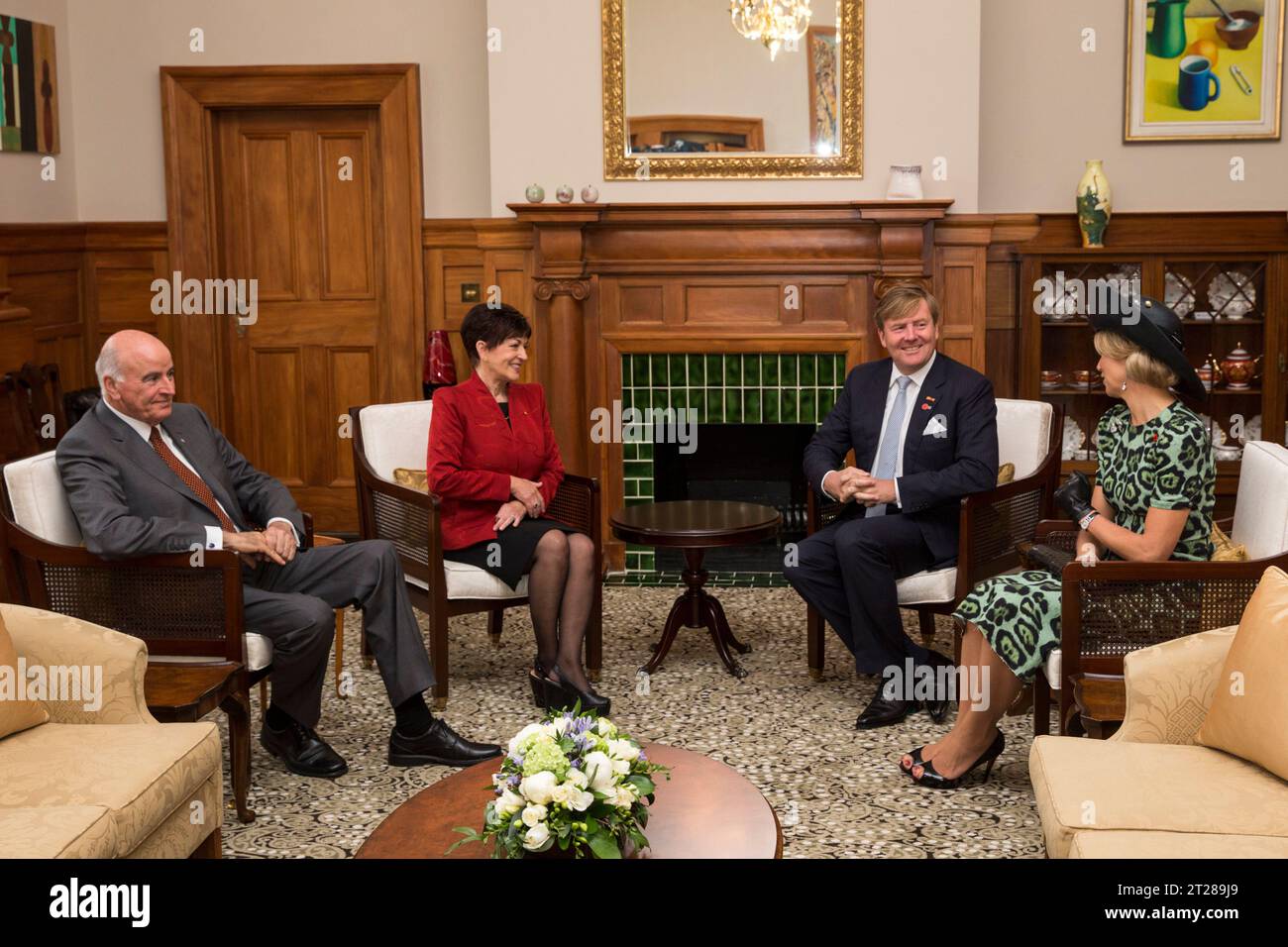 The Governor General's husband, Sir David Gascoigne, left, Dame Patsy Reddy, Governor General, with  King Willem-Alexander and Queen Maxima of the Netherlands,   at the official welcome ceremony at Government House, Wellington, New Zealand Stock Photo
