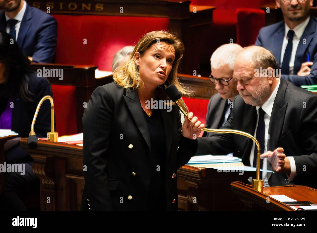 Paris, France. 17th Oct, 2023. Olivia Gregoire, Minister Delegate to the Minister of the Economy, Finance and Industrial and Digital Sovereignty, responsible for Small and Medium Enterprises, Commerce, Crafts and Tourism, speaks during the questions to the government session at the National Assembly. A weekly session of questions to the French government in the National Assembly at Palais Bourbon, in Paris. Credit: SOPA Images Limited/Alamy Live News Stock Photo