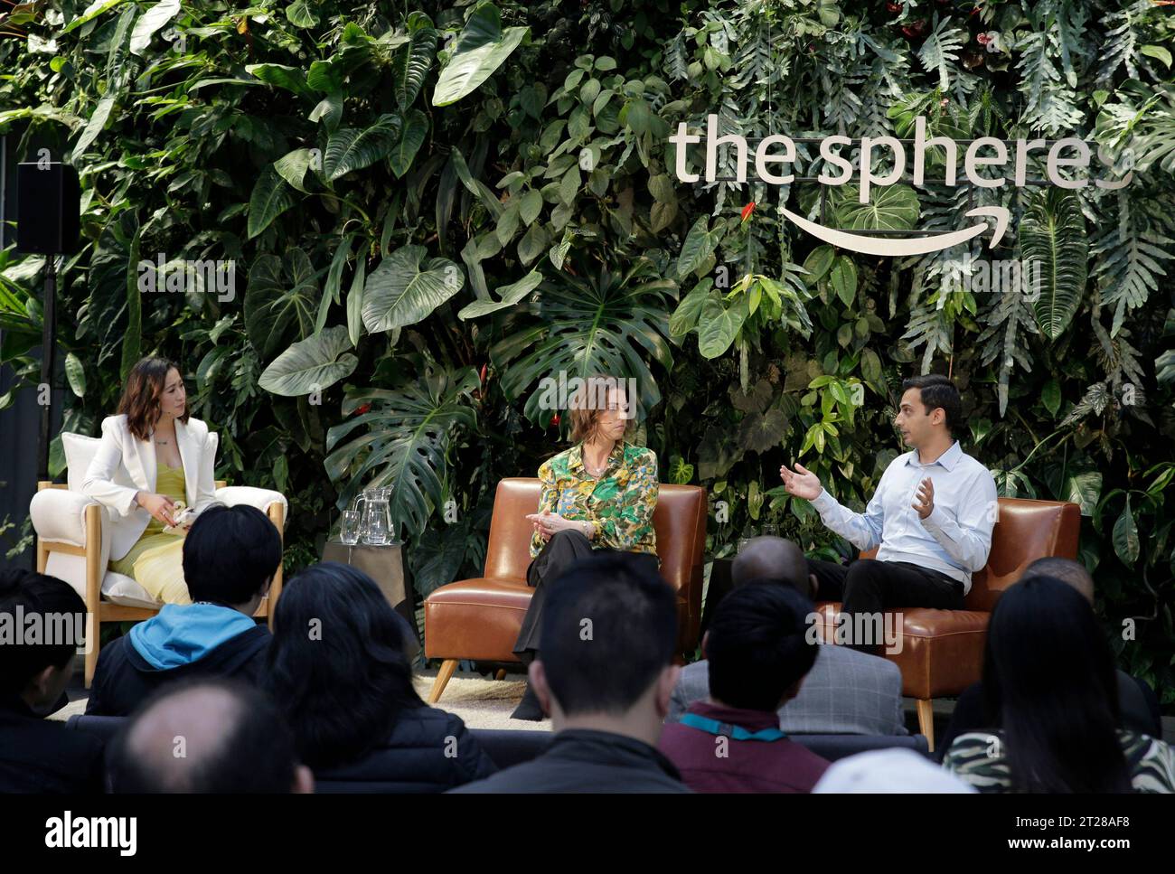 IMAGE DISTRIBUTED FOR AMAZON - Kara Hurst, vice president, Worldwide  Sustainability, Amazon and Udit Madan, vice president, Transportation speak  with Hope King, senior business reporter, Axios, far left, during Amazon's  Delivering the