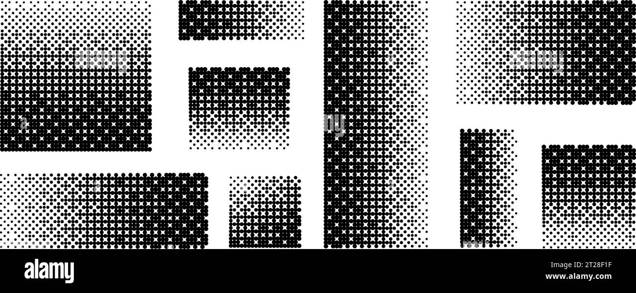 Pixelated gradient set. Dither element collection. Dissolving halftone square and rectangular shapes. Black and white disintegration dispersion or destruction effect. Dotted pattern texture. Vector  Stock Vector