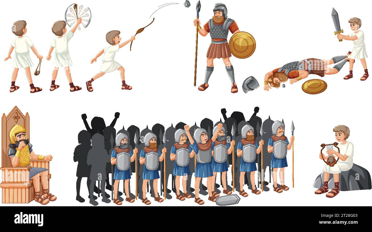 A vibrant vector cartoon depicting the famous David and Goliath religious tale Stock Vector