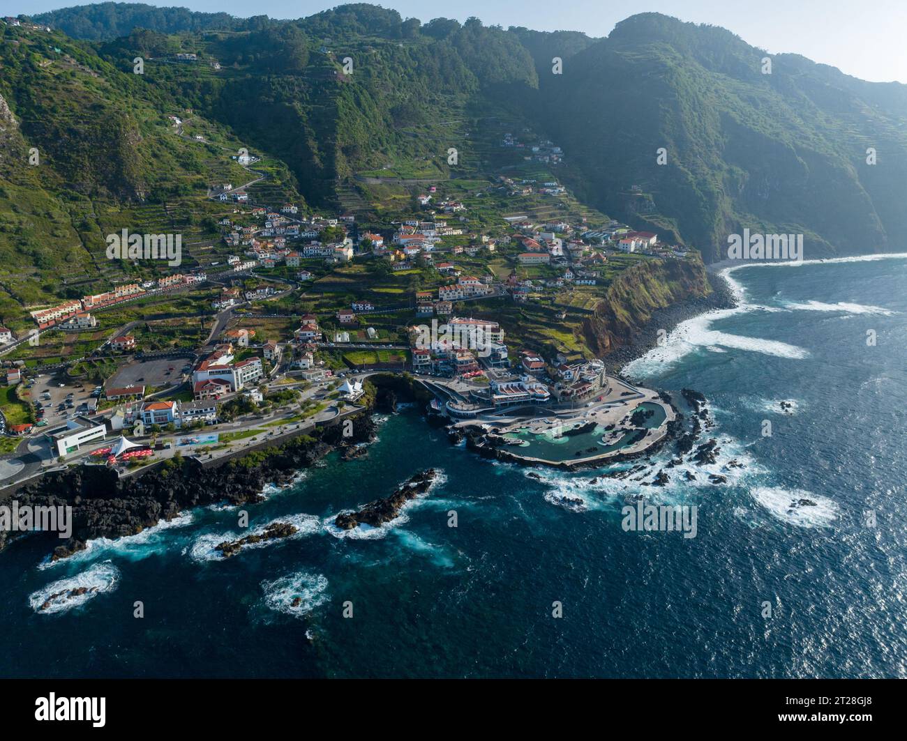 Aerial view of Porto Moniz with volcanic lava swimming pools,Madeira ...