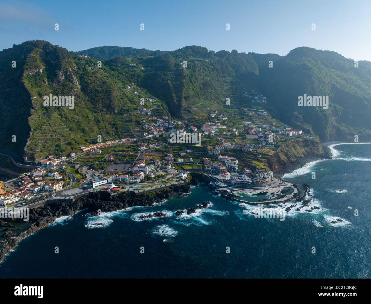 Aerial view of Porto Moniz with volcanic lava swimming pools,Madeira ...