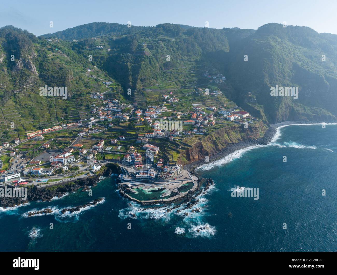 Aerial view of Porto Moniz with volcanic lava swimming pools,Madeira ...