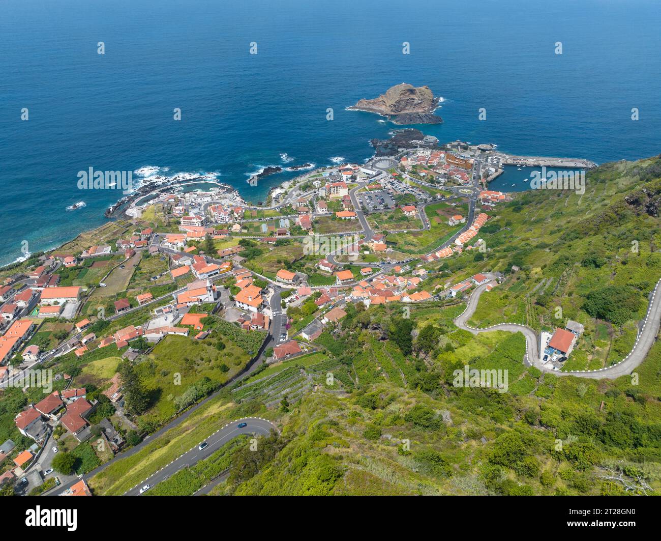 Aerial view of Porto Moniz with volcanic lava swimming pools,Madeira ...