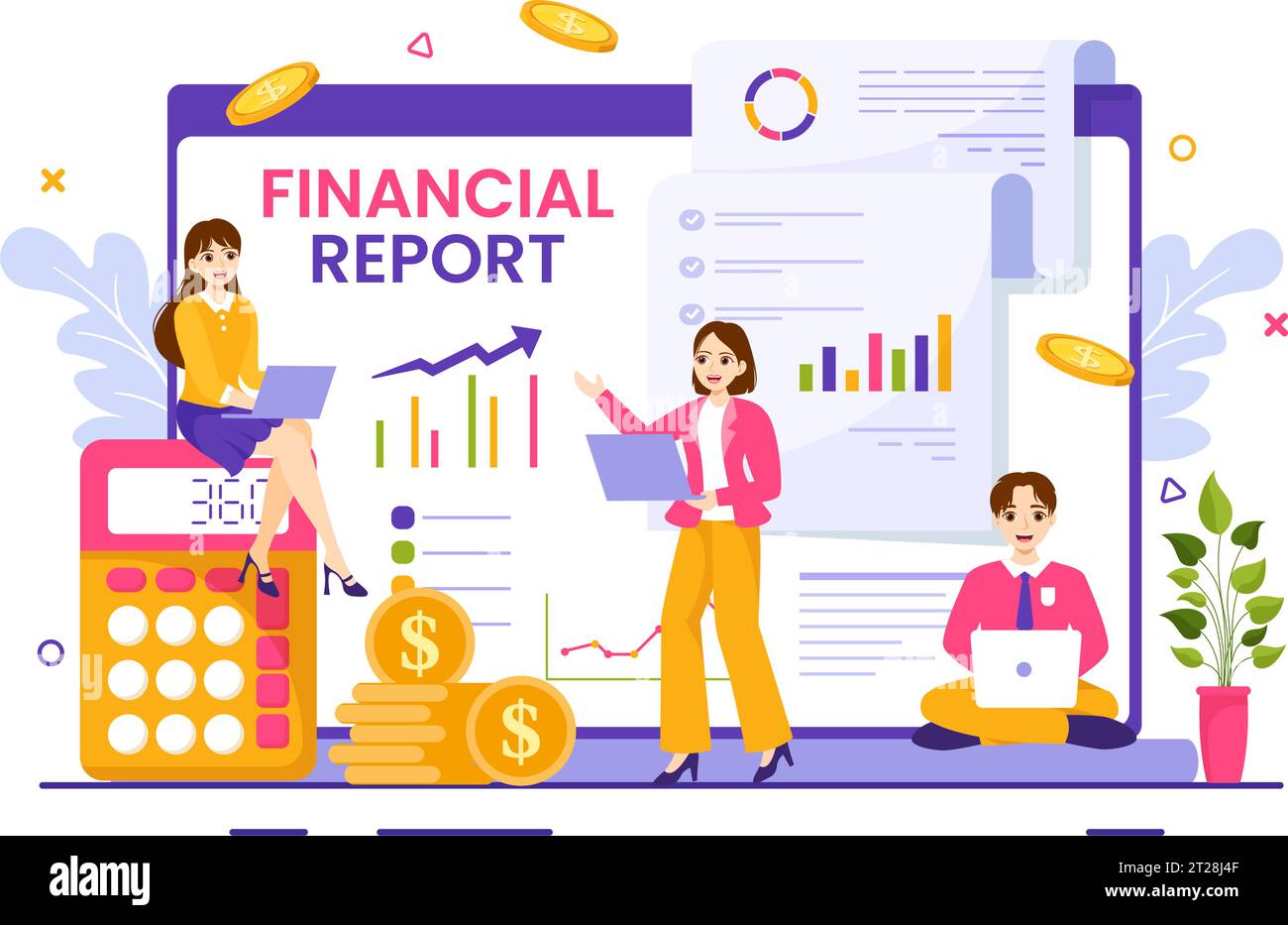 Financial Report Vector Illustration with Data Charts, Graphs and Diagrams on Finance Transaction, Analysis and Statistic Online in Flat Background Stock Vector