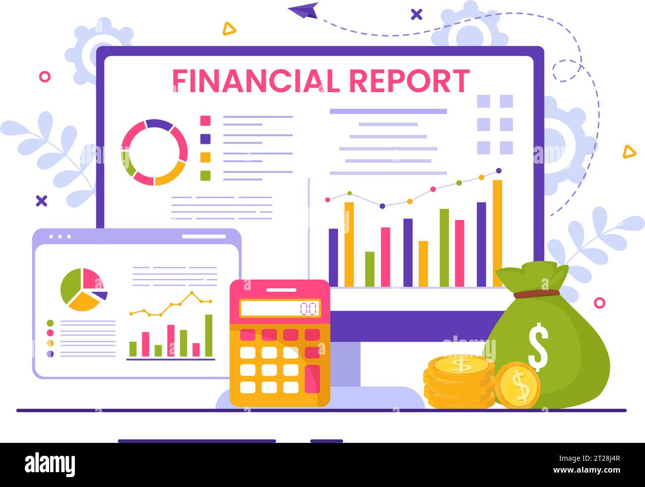 Financial Report Vector Illustration with Data Charts, Graphs and Diagrams on Finance Transaction, Analysis and Statistic Online in Flat Background Stock Vector