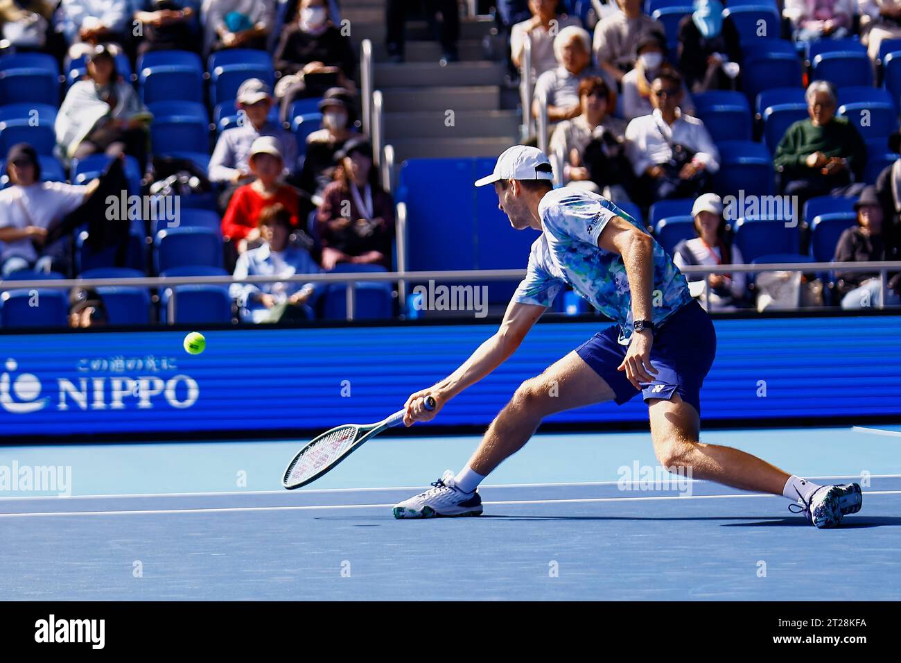 Tokyo, Japan. 18th Oct, 2023. Hubert HURKACZ (POL) hits a reverse