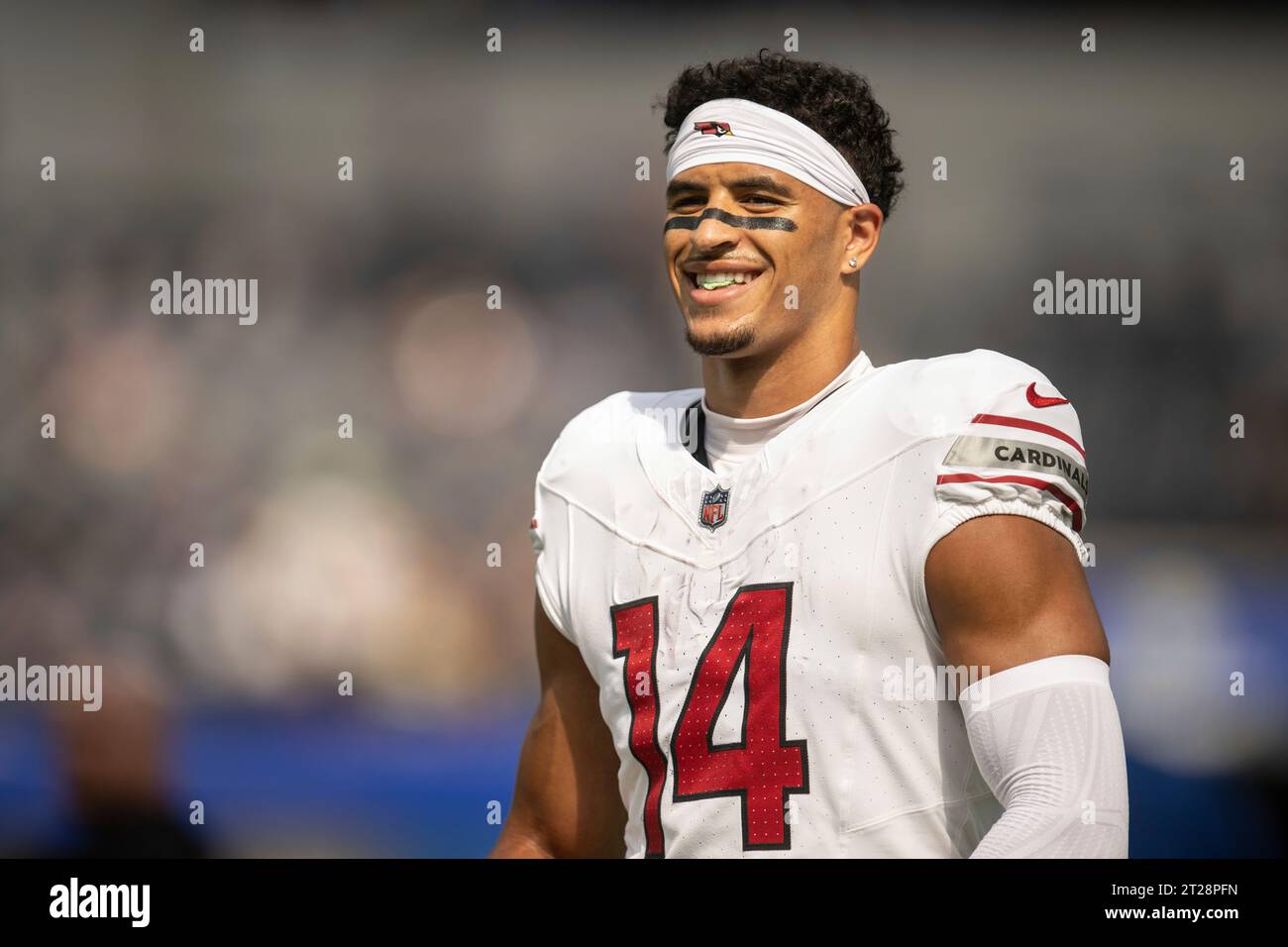 Arizona Cardinals wide receiver Michael Wilson (14) smiles before an NFL football game against the Los Angeles Rams, Sunday, Oct. 15, 2023, in Inglewood, Calif. (AP Photo/Kyusung Gong Stock Photo - Alamy