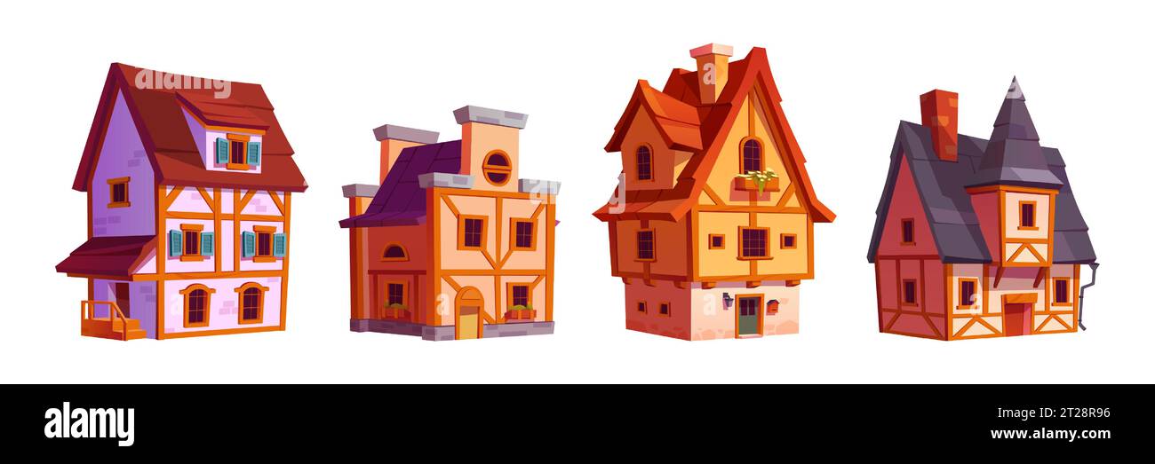 Old traditional germany city street houses. Cartoon vector illustration set of medieval town stone buildings with wooden fachwerk. Half-timbered homes with chimney on roof, doors and windows. Stock Vector