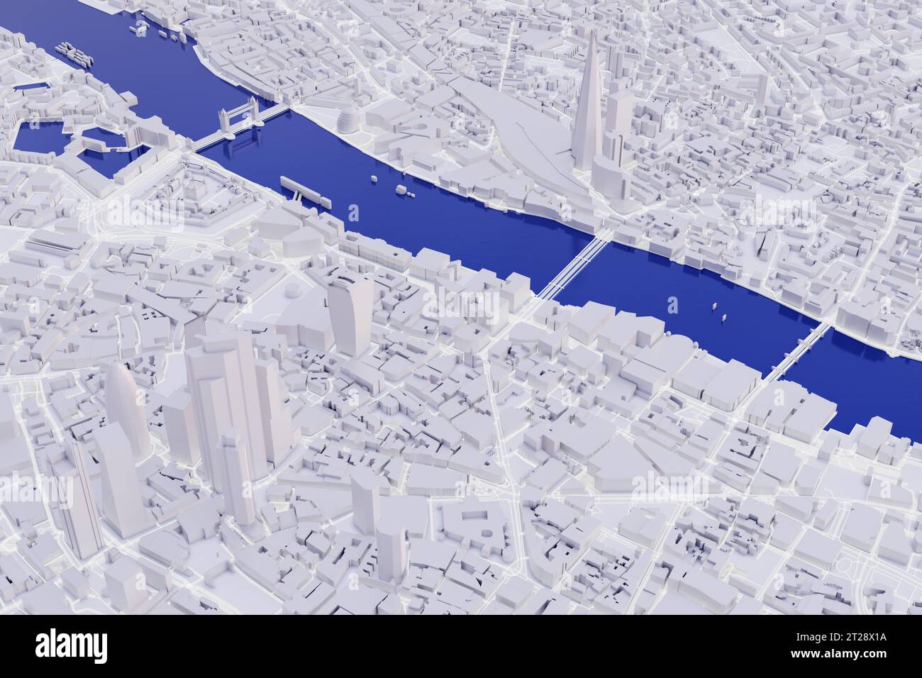 London aerial view of a conceptual low poly city. White 3d buildings with river Thames and popular UK landmarks like Tower Bridge Stock Photo
