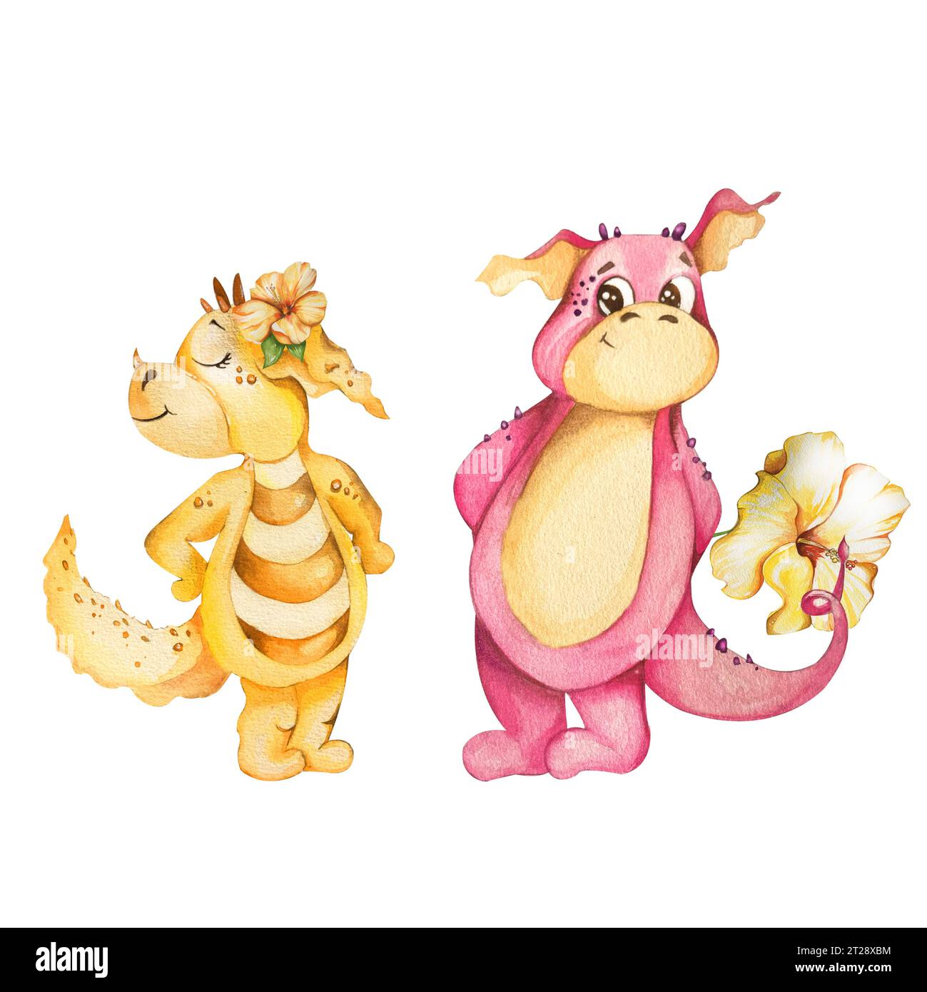 cute funny cartoon pink and yellow dragons. Watercolor illustration . Children's illusion. for the design of postcards, prints. Stock Photo