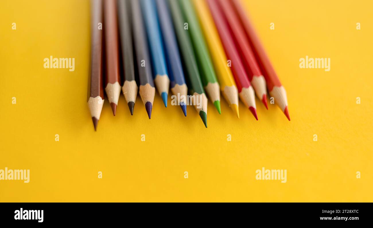 Lots of colored pencils on the yellow background of the desk. Back to school. Children's Creativity and Education. High quality photo Stock Photo