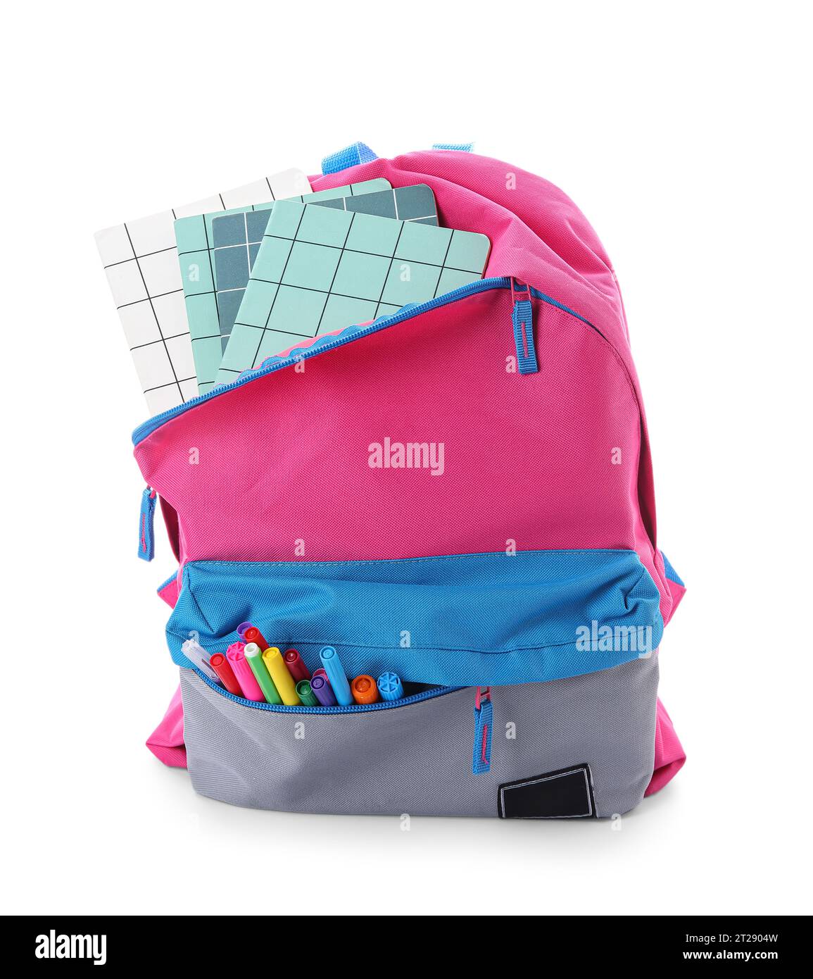 Stylish school backpack with different stationery on white background Stock Photo