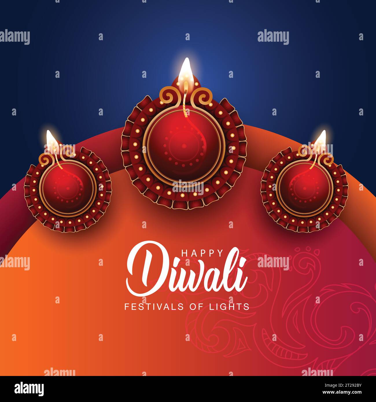 Happy Diwali celebration background. Top view of banner design decorated with illuminated oil lamps on patterned dark background. vector illustration Stock Vector