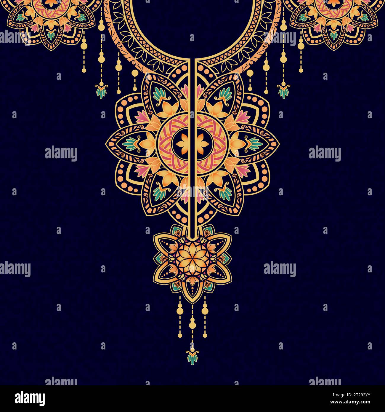 Luxury mandala pattern design in gold and blue colors for embroidered neckline. Stock Vector