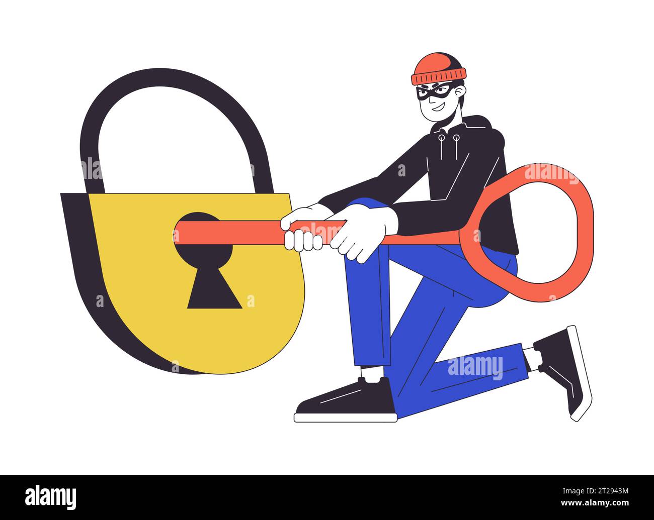 Unlock padlock by key flat line concept vector spot illustration. Stock Vector