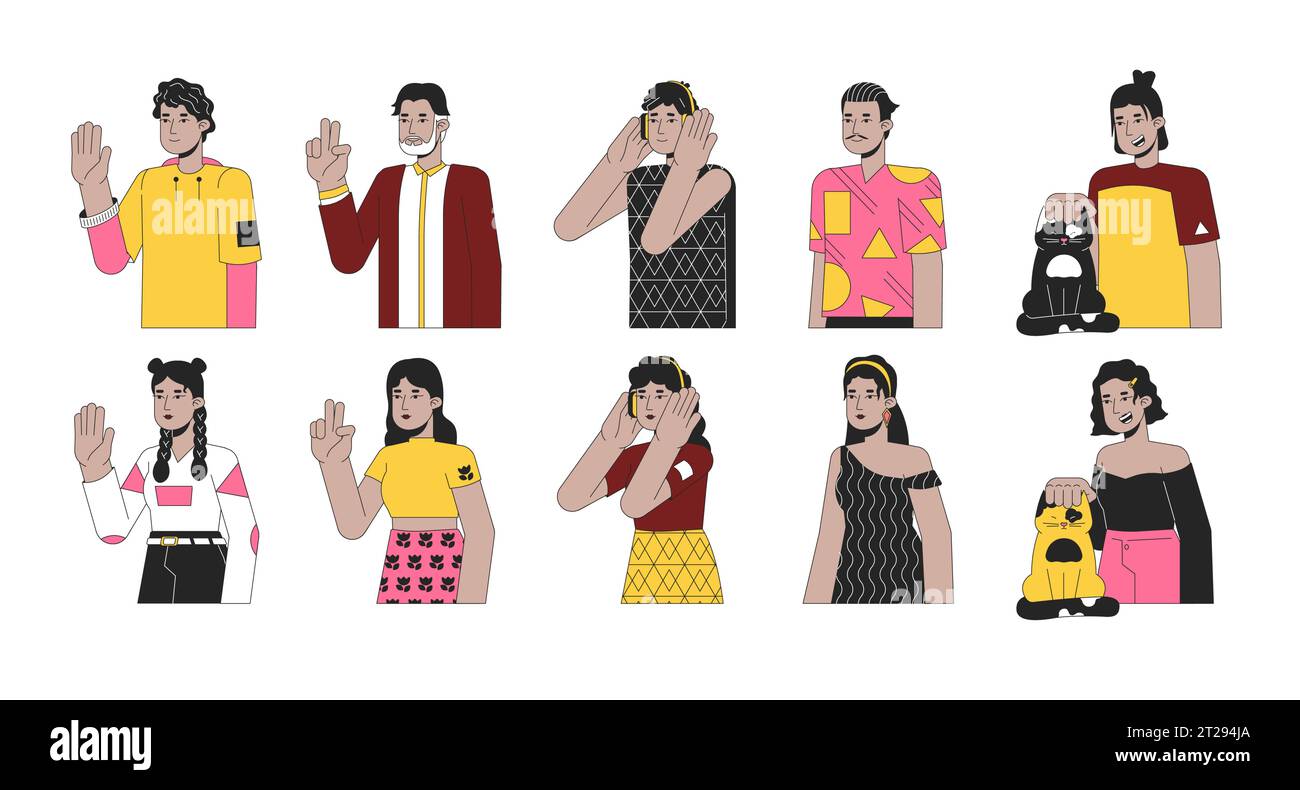 Hispanic latin americans 2D linear cartoon characters set Stock Vector