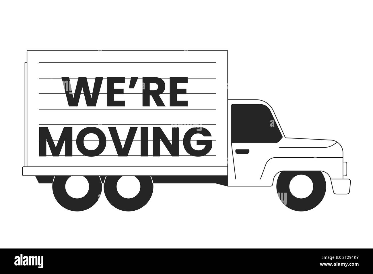 Moving truck black and white cartoon flat illustration Stock Vector