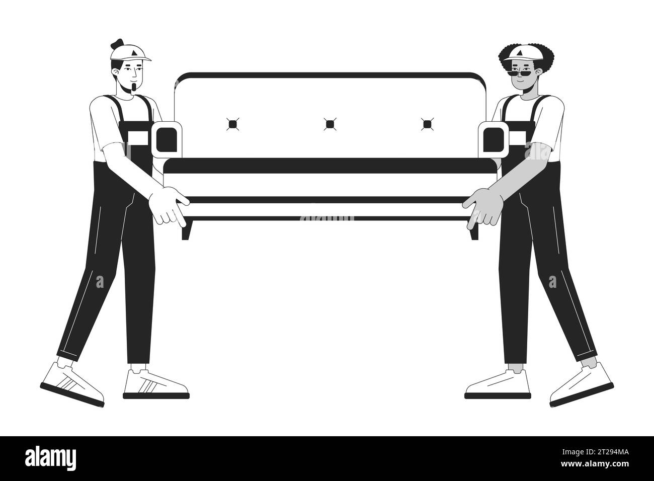Diverse men furniture movers black and white cartoon flat illustration